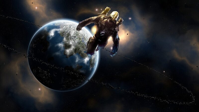 Astronaut Floating in Space — Black, Dramatic