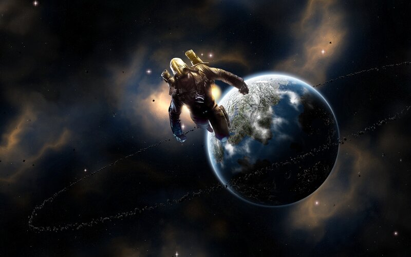 Astronaut Floating in Space — Blue, Dramatic, Digital Art, Earth, Asteroid Belt