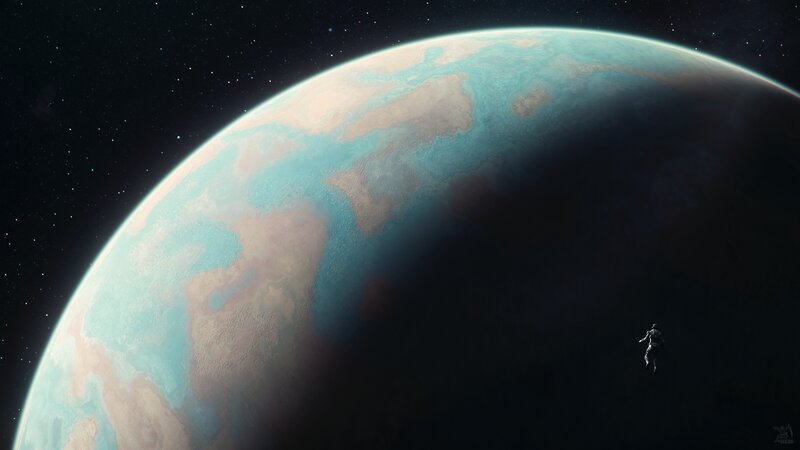 Astronaut Floating in Space — Blue, Dramatic, Digital Art, Planet