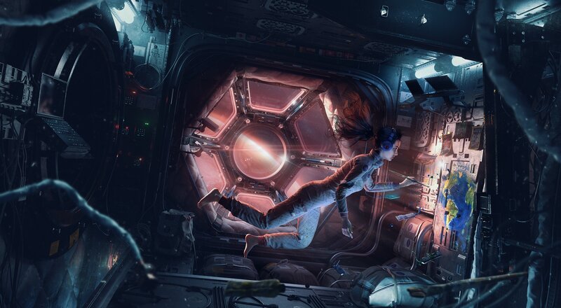 Astronaut Floating in Spacecraft