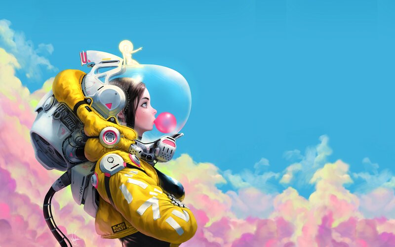 Astronaut Girl Blowing Bubble