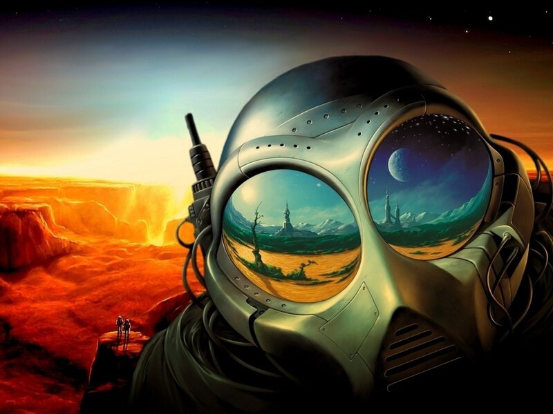 Astronaut Helmet — Orange, Dramatic, Sunset, Digital Art, Landscape