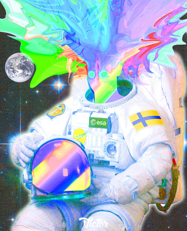 Astronaut Holding Helmet — White, Psychedelic