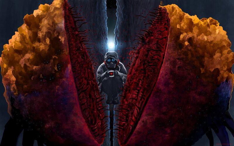 astronaut in alien cavern