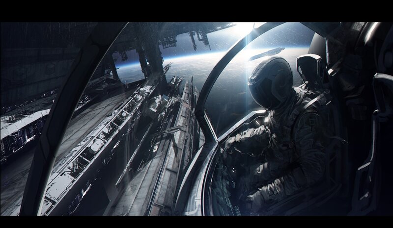 Astronaut in cockpit near space station