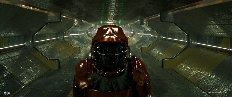 Astronaut in Corridor — Black, Dramatic