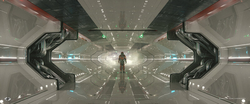 Astronaut in Corridor — Gray, Dramatic