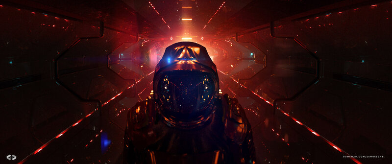 Astronaut in Corridor — Red