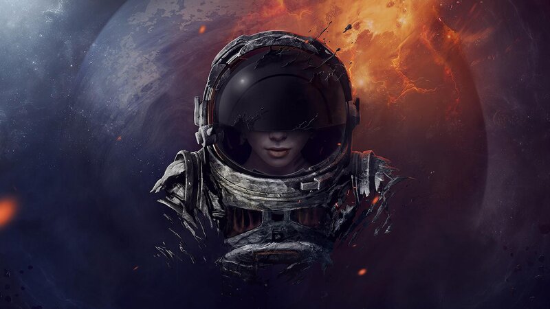 Astronaut in Damaged Suit — Black, Dramatic, Digital Art, Planet