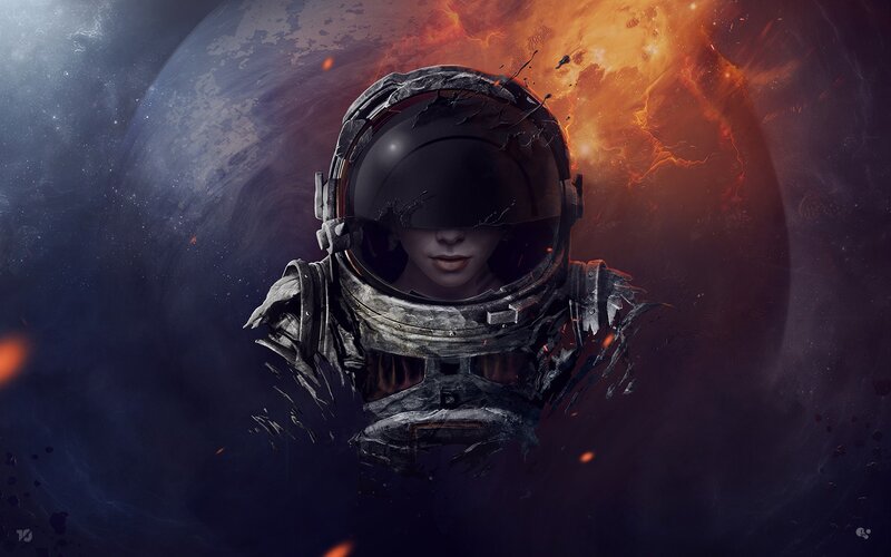 Astronaut in Damaged Suit — Black, Dramatic, Digital Art, Space