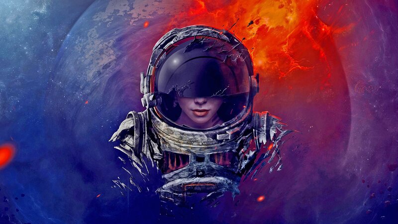 Astronaut in Damaged Suit — Blue, Dramatic, Digital Art