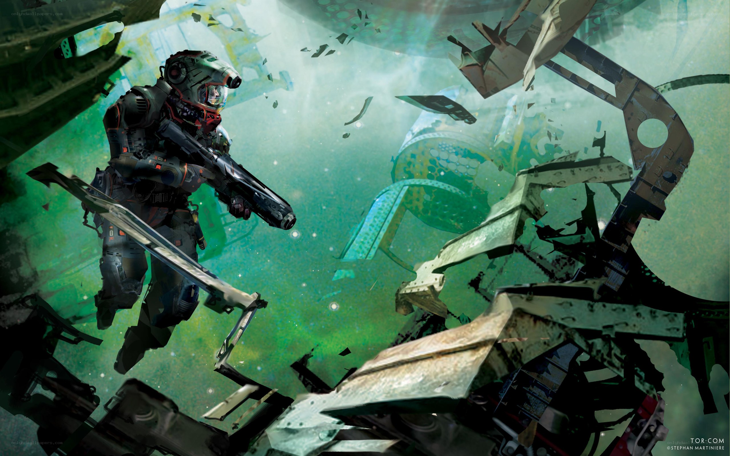 Astronaut in debris field
