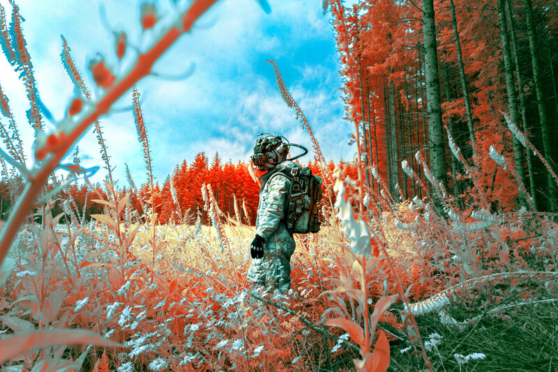 Astronaut in Forest — Red, Dramatic, Digital Art