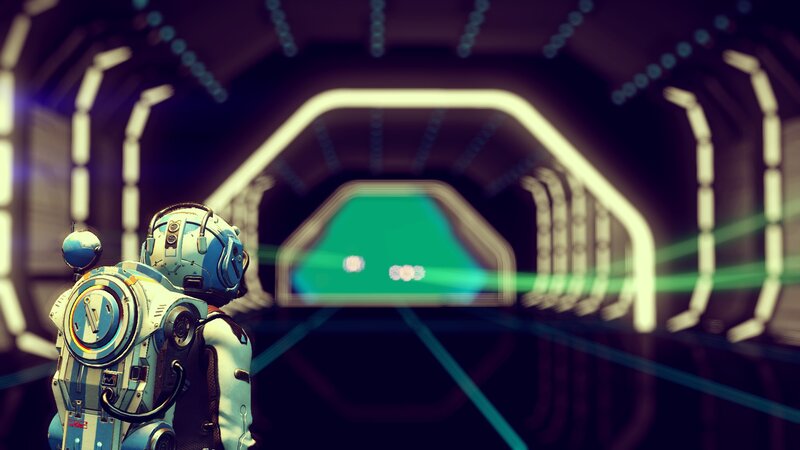 Astronaut in Futuristic Corridor — Blue