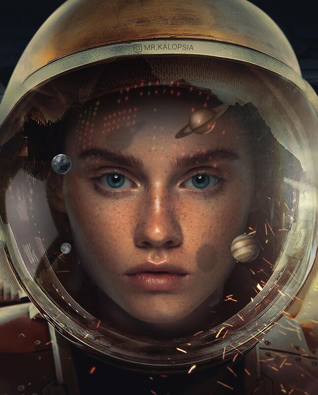 Astronaut in Helmet — Brown, Dramatic, Digital Art