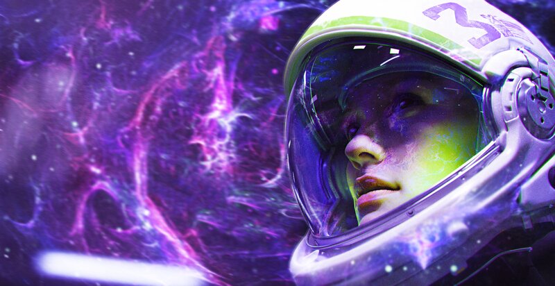 Astronaut in Helmet — Purple, Dramatic, Digital Art
