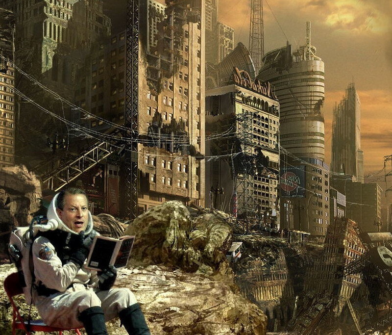 astronaut in ruined city