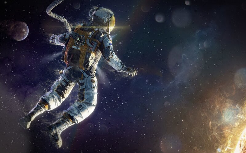 Astronaut in Space — Black, Dramatic, Digital Art, Planet