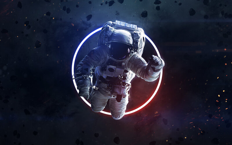 Astronaut in Space — Black, Dramatic, Digital Art, Space Debris