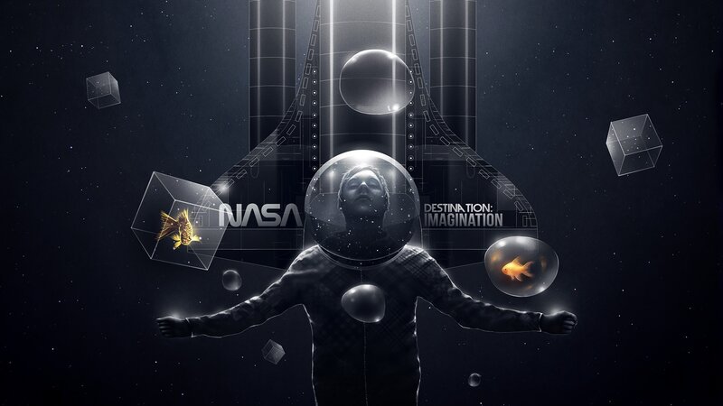 Astronaut in Space — Black, Dramatic, Night, Digital Art, Goldfish, Cube