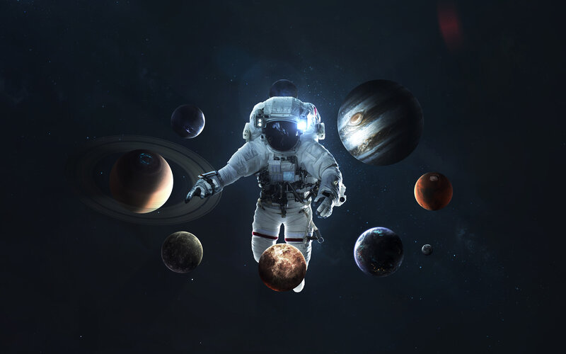 Astronaut in Space — Black, Dramatic, Night, Digital Art, Planets