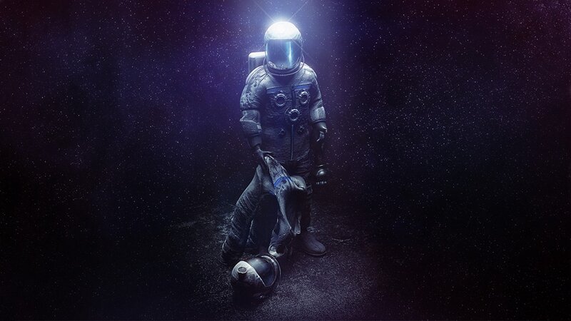 Astronaut in Space — Black, Dramatic, Night, Digital Art, Space Suit, Helmet, Stars, Purple