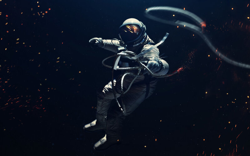 Astronaut in Space — Black, Dramatic, Night, Digital Art, Space Suit