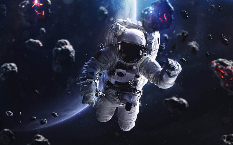 Astronaut in Space — Blue, Dramatic, Digital Art, Planet, Asteroids