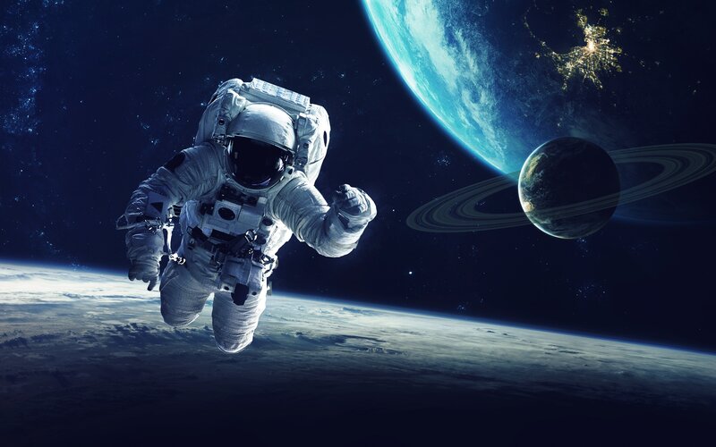 Astronaut in Space — Blue, Dramatic, Digital Art, Planet, Ringed Planet