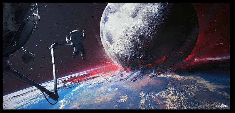 Astronaut in Space — Blue, Dramatic, Digital Art, Space Station