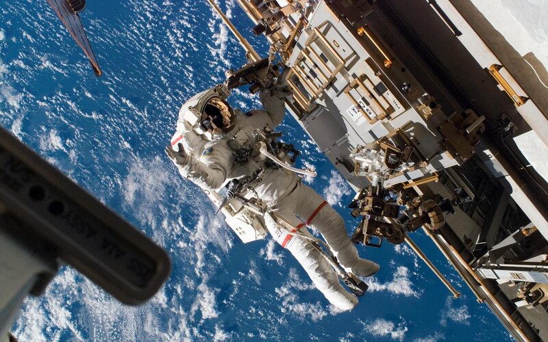 Astronaut in Space — Blue, Dramatic, Photograph, Space Station, Earth, Clouds, White, Gray, Iss A4 Assy