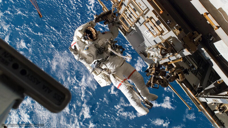 Astronaut in Space — Blue, Dramatic, Photograph, Space Station, Earth