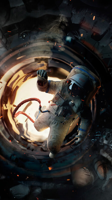 Astronaut in Space Capsule — Black, Dramatic