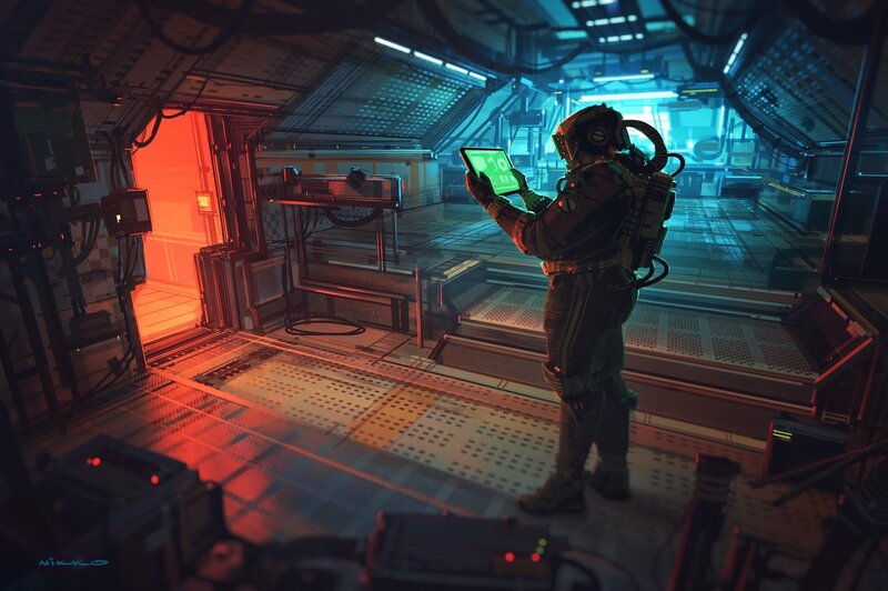 Astronaut in Space Station — Blue, Dramatic