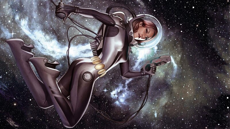 Astronaut in Space Suit — Black, Dramatic, Digital Art, Gun