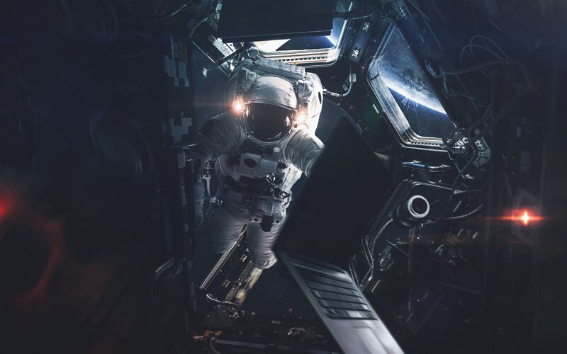 Astronaut in Space Suit — Black, Dramatic, Digital Art, Spacecraft Interior