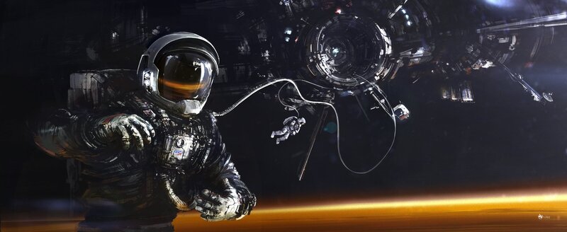 Astronaut in Space Suit — Black, Dramatic, Night, Digital Art, Space Station, Planet