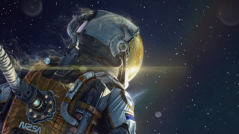 Astronaut in Space Suit — Black, Dramatic, Night, Digital Art, Stars