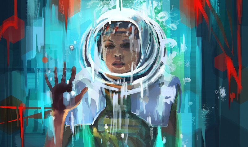 Astronaut in Space Suit — Blue, Dramatic, Digital Art, Bubble