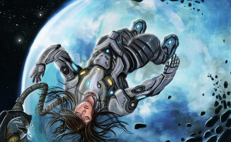 Astronaut in Space Suit — Blue, Dramatic, Digital Art, Planet, Space Debris