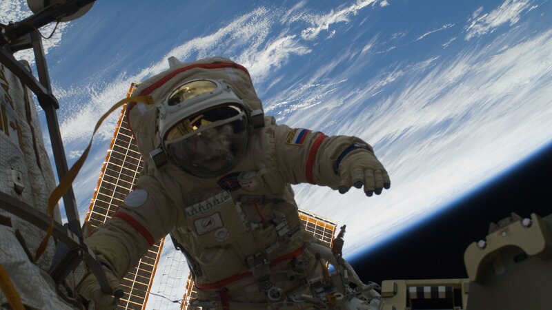 Astronaut in Space Suit — Blue, Dramatic, Photograph, Space Station, Earth