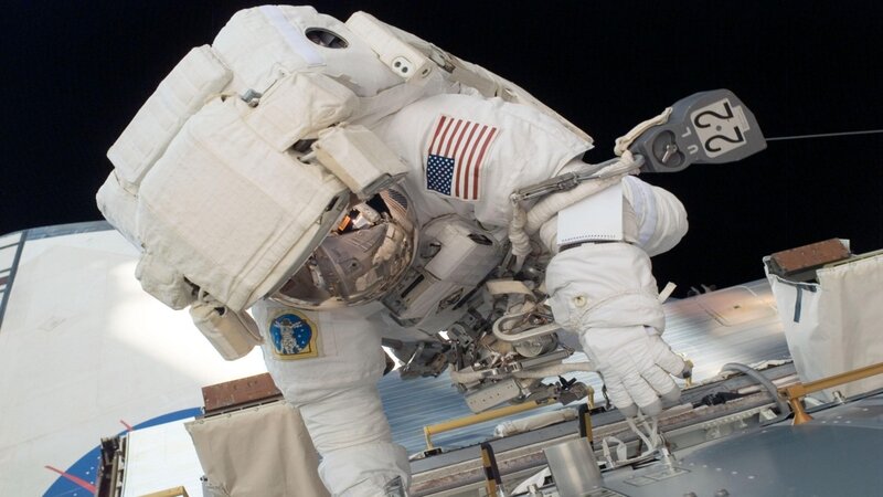 Astronaut in Space Suit — White, Dramatic, Night, Photograph, Space Station, American Flag, Earth