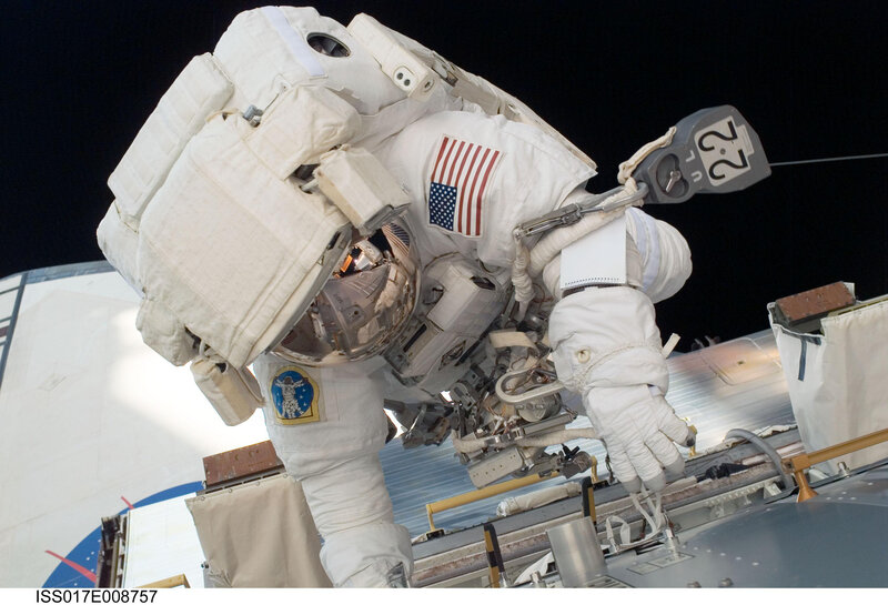 Astronaut in Space Suit — White, Dramatic, Night, Photograph, Space Station, American Flag