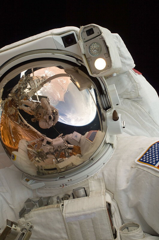 Astronaut in Space Suit — White, Dramatic, Photograph, Earth, Space Station, American Flag, Black
