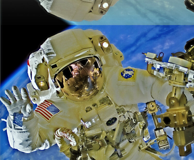 Astronaut in Space Suit — White, Dramatic, Photograph, Earth, Space Station, American Flag