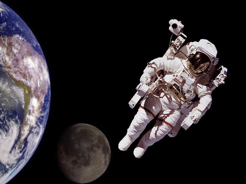 Astronaut in Space — White, Dramatic, Photograph, Earth, Moon