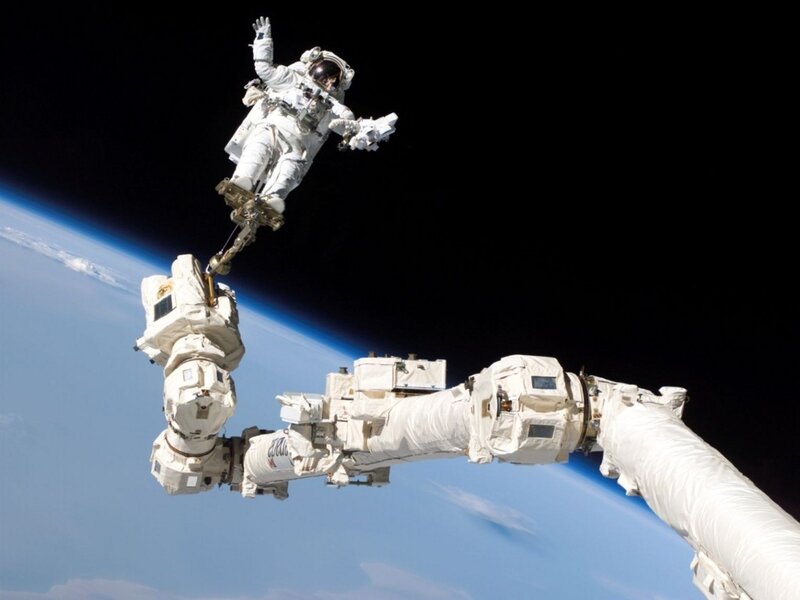 Astronaut in Space — White, Dramatic, Photograph, Space Station, Earth, Space Suit, Blue, Black