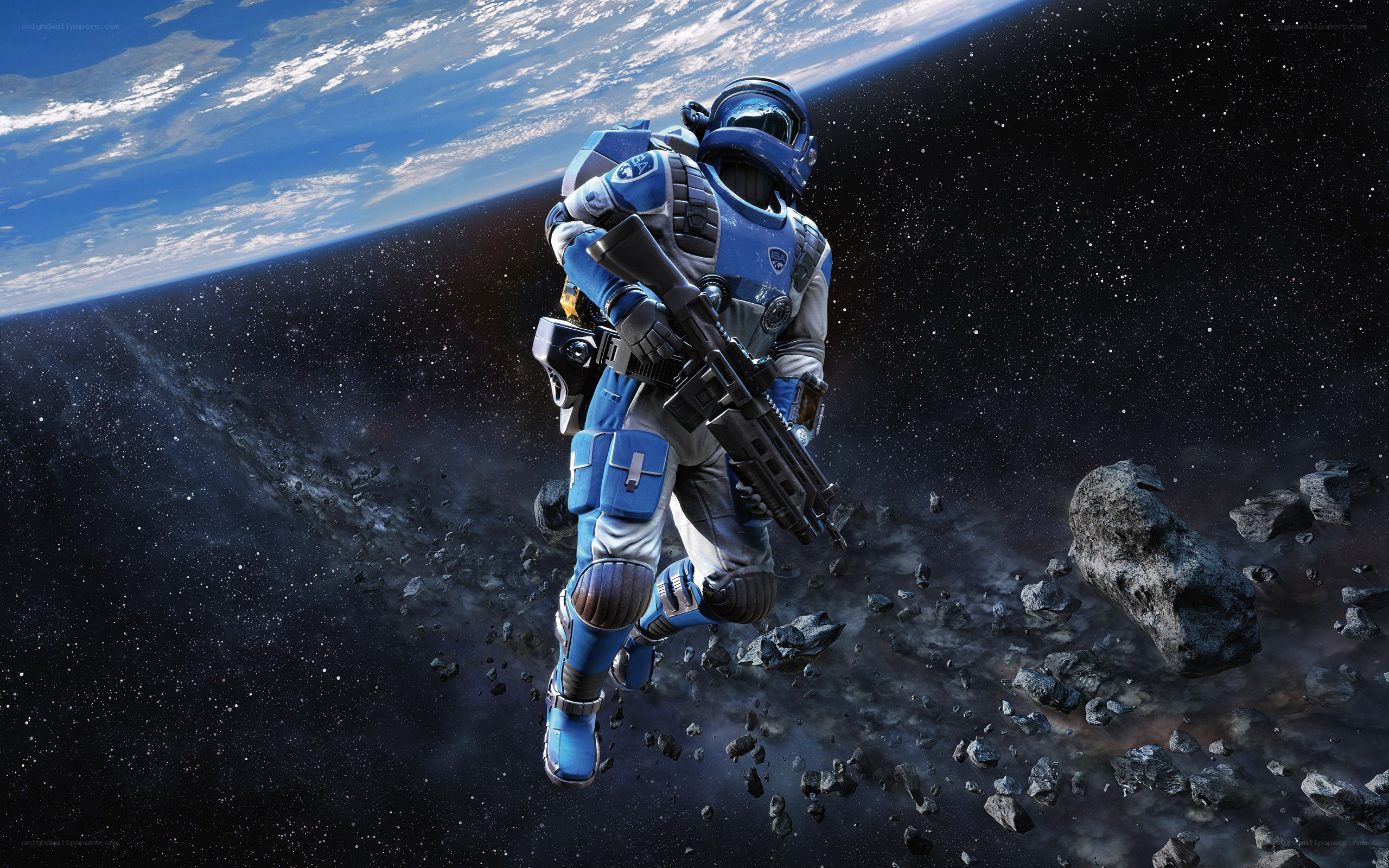 Astronaut in space with weapon