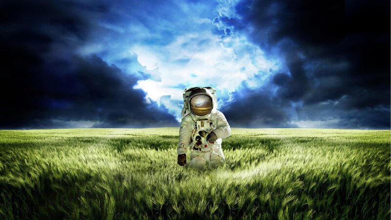Astronaut in Wheat Field — Green, Dramatic