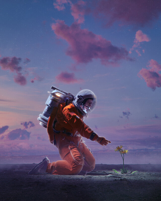Astronaut Kneeling on Alien Planet